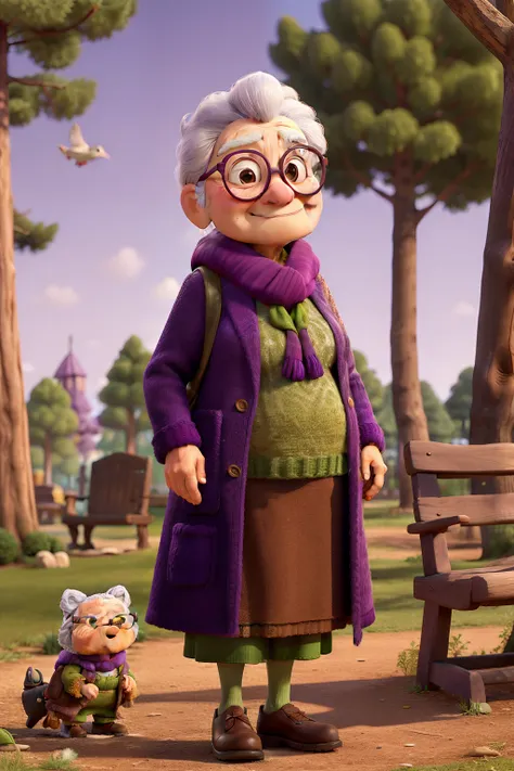 masterpiece, best quality, an old woman with glasses and a scarf on, wearing a purple coat and green scarf, standing at the park