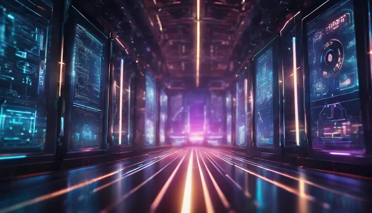 A high-resolution image of a tech background with holographic elements, displaying shifting colors and futuristic symbols, creating a visually mesmerizing and futuristic display.