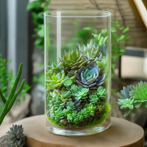 （（There is a large glass container，There are succulents inside：1.37，））, Natural mini garden，a masterpiece of art, plants in glass vase