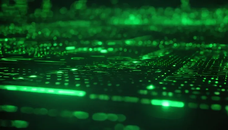 A close-up shot of a tech background with a matrix-like pattern of green glowing characters, creating a visually captivating and cyberpunk-inspired scene.