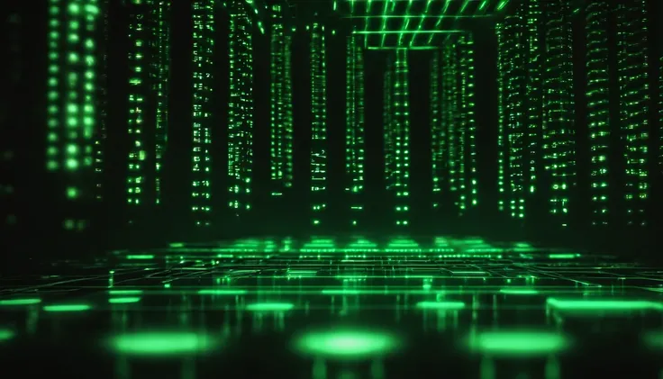 A close-up shot of a tech background with a matrix-like pattern of green glowing characters, creating a visually captivating and cyberpunk-inspired scene.