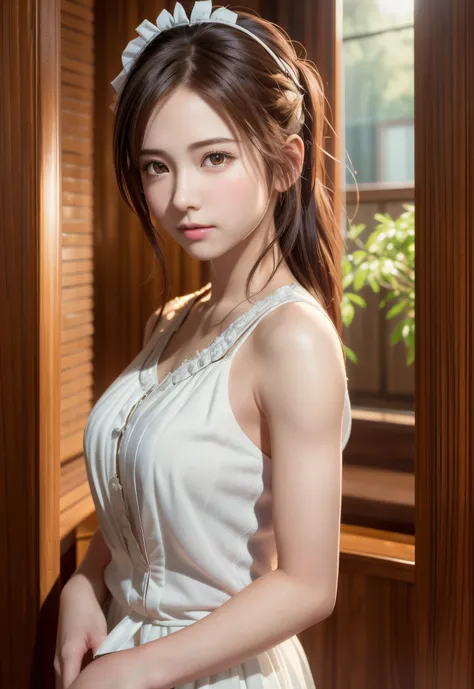 8K, of the highest quality, masutepiece:1.2), (Realistic, Photorealsitic:1.37), of the highest quality, masutepiece, Beautiful young woman, Pensive expression,、A charming、and an inviting look, Cute Maid Clothes, Hair tied back, Cinematic background, Light ...