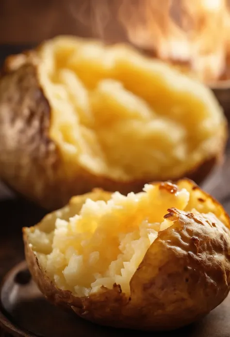 A high-resolution image of a perfectly baked potato, golden brown and crispy on the outside, with the steam rising from its fluffy and tender interior, creating a visually appetizing and comforting image.