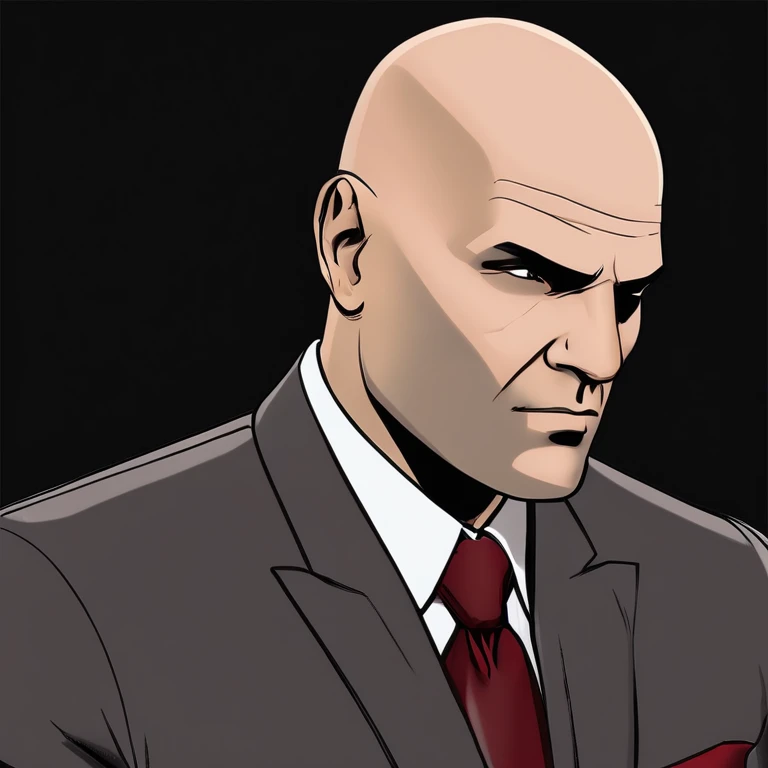 Agent 47 is bald. 47s typical attire consists of a black suit, black leather gloves and shoes, white dress shirt, and a burgundy tie.,Hitman series,Agent 47 is bald. 47s typical attire consists of a black suit, black leather gloves and shoes, white dress s...