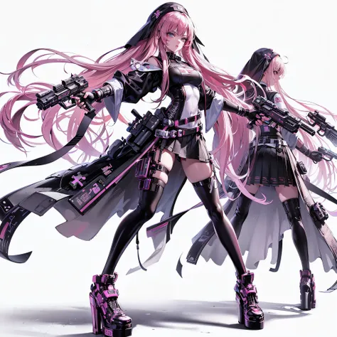 (masterpiece, Best Quality), (Perfect athlete body:1.2), (detailed hairs), Ultra-detailed, Anime style, Full body, Solo, Cyberpunk exorcist girl, pink-long hair, dressed in cyberpunk PVC nuns uniform, each holding a huge pistol in her hand, high-heeled boo...