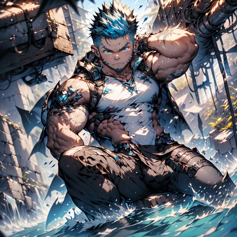 archaeological floating metalic black dungeon circuit lights effects, skyrocket rocks ground covered moss, undercut, faux hawk, sideburns, icy blue hair, shark jaws, manly kawaii moe babyface alpha male seeker rescue shark pull-ups to show hairless armpit,...