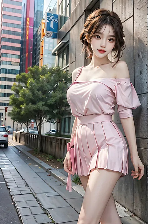 20-year-old sexy model, mix4, Pink one-shoulder off-shoulder shirt, A plump chest, White pleated skirt, slender leg, In Park, walking casually, best qualtiy, 超高分辨率, lighting perfect, ssmile