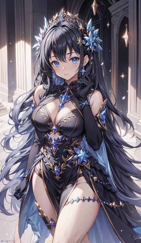 1 girl， （（（ultra - detailed）））， （（tmasterpiece））， （（illuminations））， Raised sexy， Starlight Virgin， Black gorgeous dress， curvy woman， veils， sliver long hair， Fair skin， chest circumference，