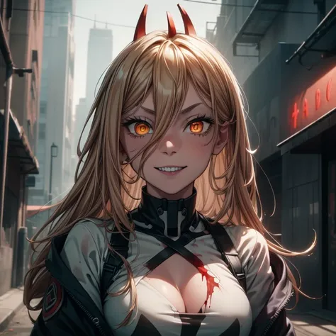 R 1 8, masterpiece, gorgeous, best quality, highres, 1girl, ((solo)), colorfull, blonde, dangerous,vivid eyes,(yellow eyes), alone, , mesmering eyes, neon, smilling, scary smile, madness, ((blood, colorful, ink)) BREAK intimate,cyberpunk, digital art, high...