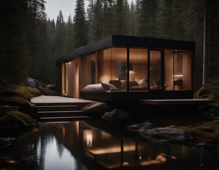 Exterior image of a tiny house duplex house in a Scandinavian nature, standing wood panel, avantgarde, waterfall, panorama glass windows, forests, waterfall inside atrium, rocks, futuristic, avantgarde, floating, modern, natural pond of water, inspired by ...