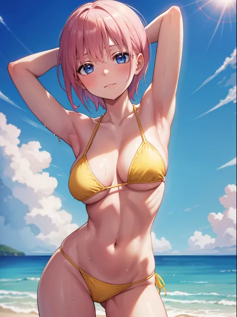 1girl, ichika nakano, short hair, bangs, blue eyes, hair between eyes, pink hair, (blush:1.2), seductive smile,
BREAK (string bikini:1.2), (yellow bikini:1.3), patternless bikini, huge breasts, Naked, Exposed skin, (Wet skin:1.5), (arms behind head, armpit...