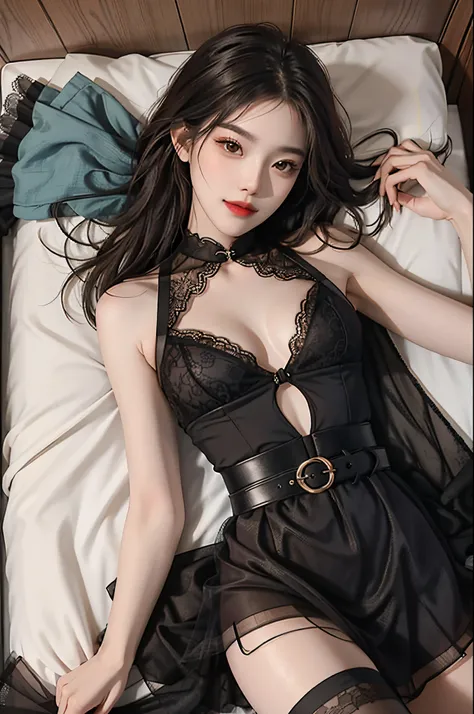 20-year-old sexy model, mix4, Black lace tulle skirt, Translucent skirt, high-waist, Nice belt, cropped shoulders, A plump chest, slender leg, Lie down in bed, Pose for photos in bed, best qualtiy, 超高分辨率, lighting perfect, ssmile, ((Satellite view, Birds e...