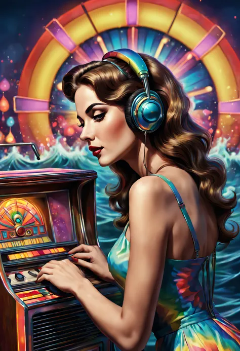 A gorgeous psychedelic women listen a old and stylised jukebox , with beautiful colors and in the background explosions of water of full colors mixed