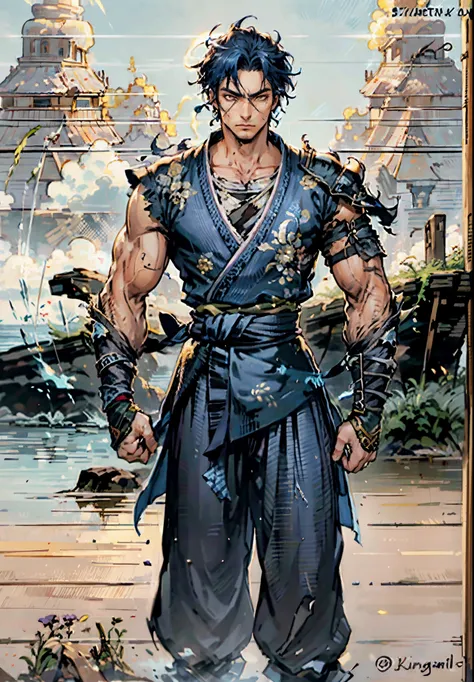 A young man, indigo blue hair, raised and fluffy short hairstyle, sharp gaze, a serious expression, a fantasy martial arts style sky-blue fabric kung fu outfit, tattered sleeves, hands wrapped with cords, a linen belt tied around the waist, coarse fabric t...