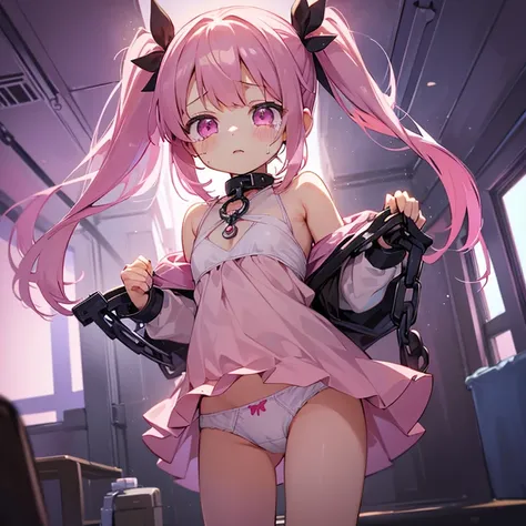 Beautiful illustration, Best Quality, (cute petit girl：1.3)、 (underground room), flat chest、Beautiful pink eyes。restrained loli。Pink twin tails、is crying、I feel like the atmosphere is nice...、Mini skirt、Panchira、Underwear is white。Hands behind your back、Cu...