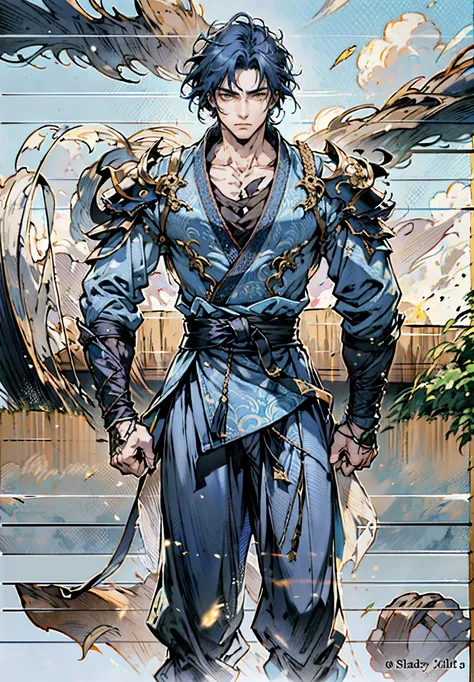 a young man, indigo blue hair, raised and fluffy short hairstyle, sharp gaze, a serious expression, a fantasy martial arts style...