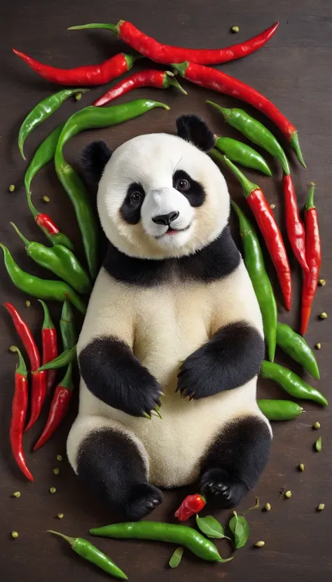 Chili pepper chopped、pepper、Green peppercorns、Arranged in the shape of a giant panda、Shot from a bird&#39;s eye view