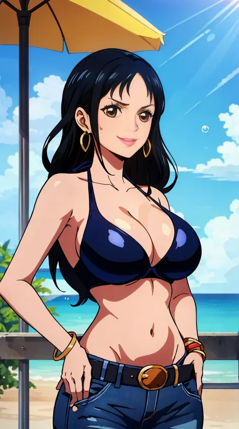 robin (one piece), 1girl, bangle, bangs, bare shoulders, belt, bikini, bikini top only, bracelet, breasts, brown eyes, bubble, ((big booty)), cleavage, denim, earrings, floating hair, belt, black bikini, groin, jeans, jewelry, (large breasts:1.9), (big bre...