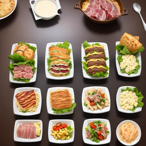 4 mini hamburgers　baguette　salad（With raw ham and cheese）4 corn soups　2 servings of pasta　long cheesecake　2 servings of lasagna　wining　8 gyoza skin pizzas　cracker　Marinade（With tomato and paprika）