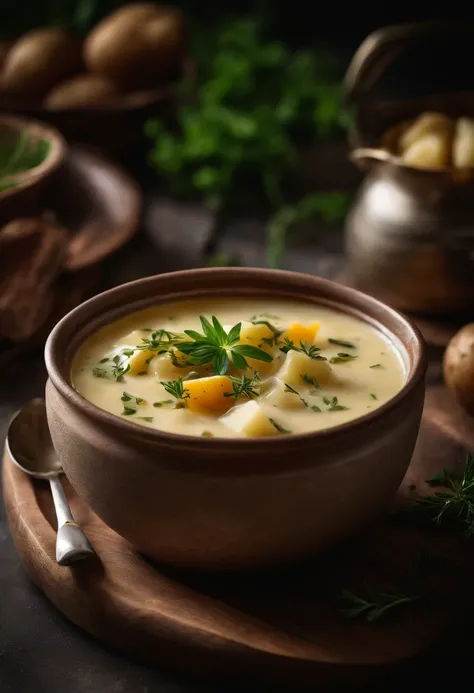 A visually pleasing composition of a rustic potato soup in a ceramic bowl, with chunks of potato, herbs, and a drizzle of olive oil on top, creating a visually comforting and nourishing scene.