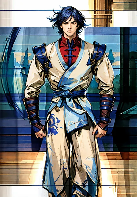 A young man, indigo blue hair, raised and fluffy short hairstyle, sharp gaze, a serious expression, a fantasy martial arts style sky-blue fabric kung fu outfit, tattered sleeves, hands wrapped with cords, a linen belt tied around the waist, coarse fabric t...