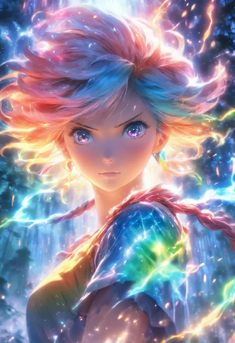 (best quality,4K,8K,highres,masterpiece:1.2),ultra-detailed,(realistic,photorealistic,photo-realistic:1.37),bright teary-eyed woman,rainbow-colored hair,casting a radiant spell,mysterious forest,revelation,Enchanted aura,vibrant colors,soft lighting