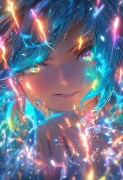 (best quality,4K,8K,highres,masterpiece:1.2),ultra-detailed,(realistic,photorealistic,photo-realistic:1.37),bright teary-eyed woman,rainbow-colored hair,casting a radiant spell,mysterious forest,revelation,Enchanted aura,vibrant colors,soft lighting