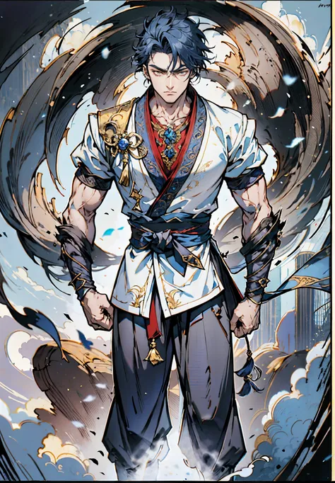 a young man, indigo blue hair, raised and fluffy short hairstyle, sharp gaze, a serious expression, a fantasy martial arts style...