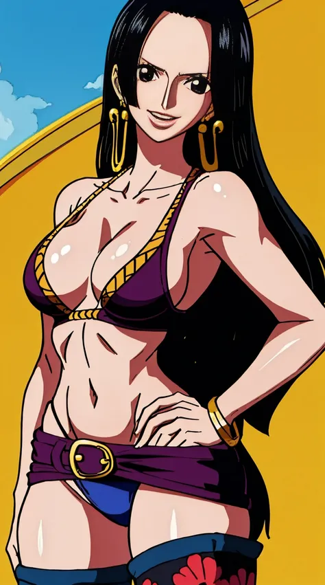 boa hancock (one piece), 1girl, bangle, bangs, bare shoulders, belt, bikini, bikini top only, bracelet, breasts, brown eyes, bubble, ((big booty)), cleavage, denim, earrings, floating hair, belt, black bikini, groin, bikini pants, jewelry, (large breasts:1...