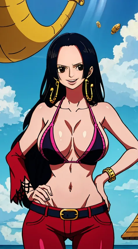 boa hancock (one piece), 1girl, bangle, bangs, bare shoulders, belt, bikini, bikini top only, bracelet, breasts, brown eyes, bubble, ((big booty)), cleavage, denim, earrings, floating hair, belt, black bikini, groin, bikini pants, jewelry, (large breasts:1...