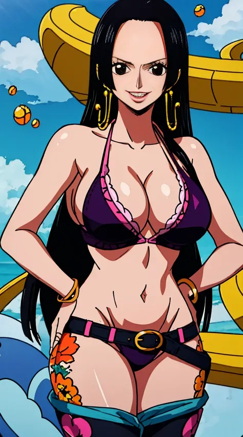 boa hancock (one piece), 1girl, bangle, bangs, bare shoulders, belt, bikini, bikini top only, bracelet, breasts, brown eyes, bubble, ((big booty)), cleavage, denim, earrings, floating hair, belt, black bikini, groin, bikini pants, jewelry, (large breasts:1...