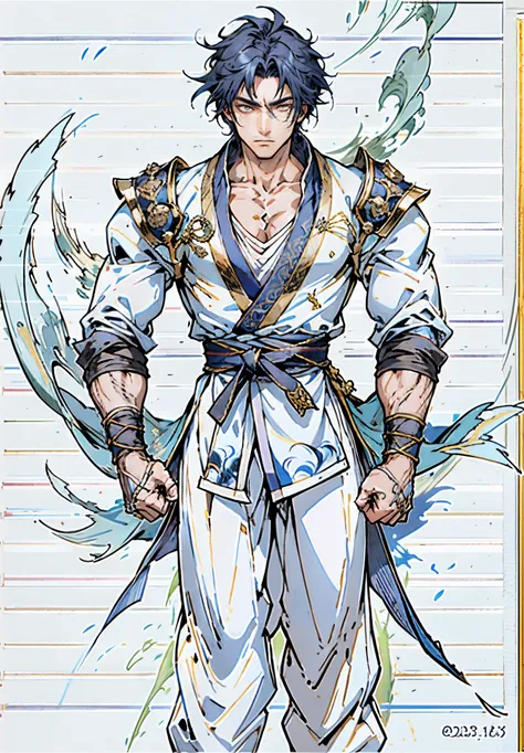 A young man, indigo blue hair, raised and fluffy short hairstyle, sharp gaze, a serious expression, a fantasy martial arts style sky-blue fabric kung fu outfit, tattered sleeves, hands wrapped with cords, a linen belt tied around the waist, coarse fabric t...