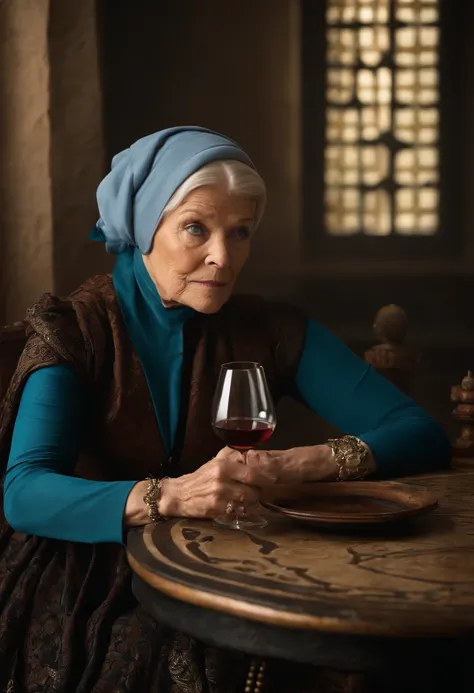 A photo of Olenna sitting at a table with a glass of wine, looking unamused as she glances at the clock on the wall,Game of Thrones TV series,Olenna is an old woman who wears head coverings, has grey hair, blue eyes, famously portrayed by Diana Rigg