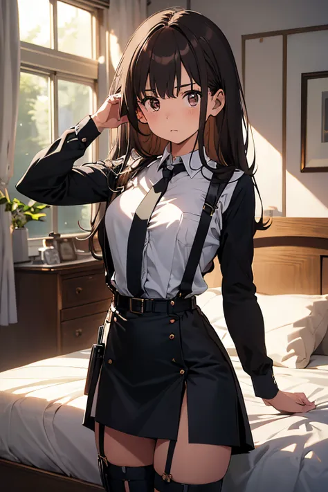 ​masterpiece、flat-colors、depth of fields、lens flare 1 girl、、Brown hair、watching at viewers　　　black suspenders　　　Bulging big breasts　　 　 　　　walls: 　Black miniskirt　garters　　　　　　Gaze　　　Small face　bangss 　　　holster　　Belt Armament　Beautuful Women　srestrained　h...