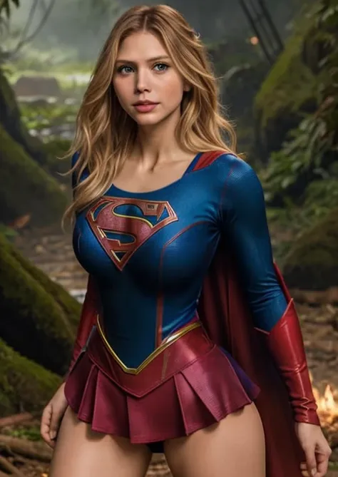 obra maestra, una imagen de cuerpo completo de la bella supergirl, traje rojo y azul, hermosa mujer diosa rubia supergirl, con b...