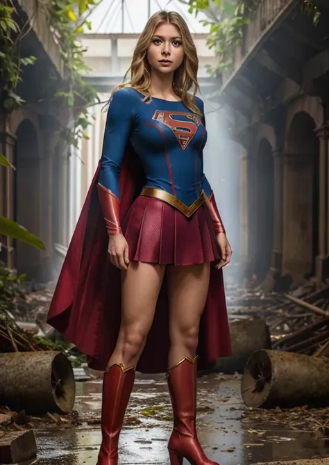 obra maestra, una imagen de cuerpo completo de la bella supergirl, traje rojo y azul, hermosa mujer diosa rubia supergirl, con b...