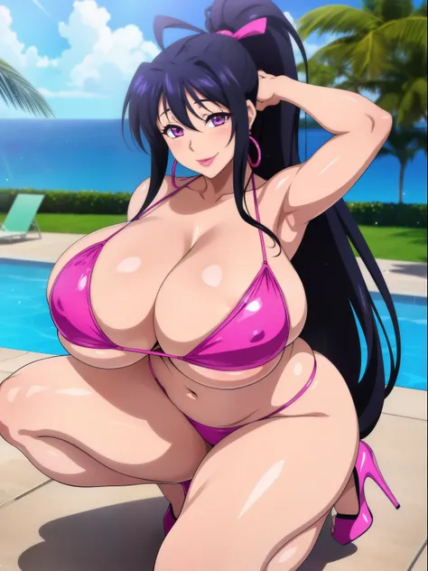 Akeno Himejima, 1girl, (((bimbo))), long black hair, purple eyes, ear rings, (((bimbo))), puffy lips, painted lips, thick lips, wide hips, thick thighs, huge round ass, enormous natural breasts, erotic smile face, shiny oily breasts, pink bikini, pool, hig...