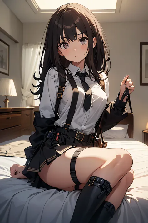 ​masterpiece、flat-colors、depth of fields、lens flare 1 girl、、Brown hair、watching at viewers　　　black suspenders　　　Bulging big breasts　　 　 　　　walls: 　Black miniskirt　garters　　　　　　Gaze　　　Small face　bangss 　　　holster　　Belt Armament　Beautuful Women　srestrained　h...