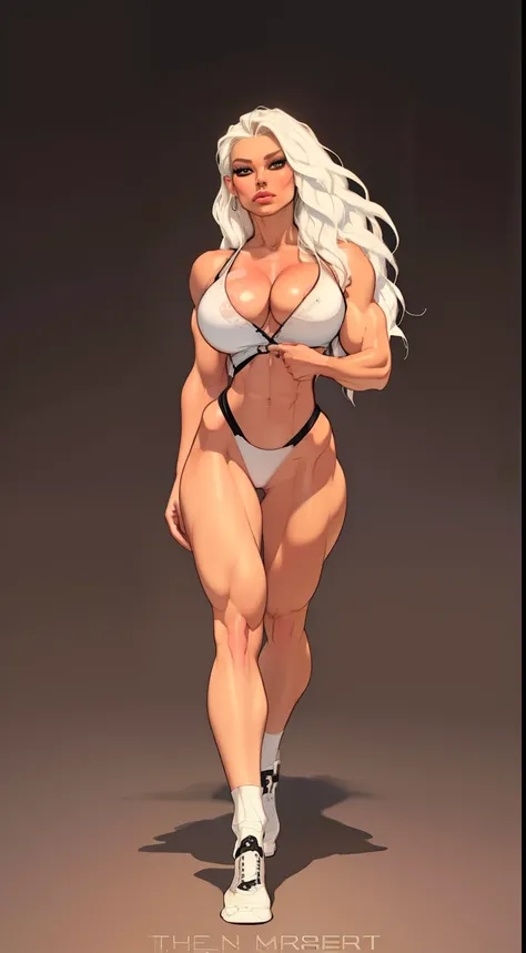 Warrior Woman ((full body view:1.4)) Masterpiece, ((Thepit Style:1.4)), (pale skin:1.5), (Long white hair:1.4), muscled body, Feminine, Huge upper body, wide shoulders, veins, ((beatiful face:1.5)), full lips, slim face, high cheekbones, muscular, in the a...