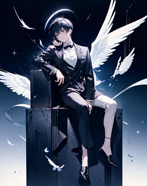 male angel sitting on rebar、full body Esbian、Embrace your broken wings、Fashionable、Dior、an legs、shoe、trouser、A dark-haired