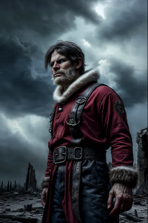 ((realistic portrait)) santa claus in post-apocalypse, (best quality, high resolution), (with piercing blue eyes), ((red clothes...