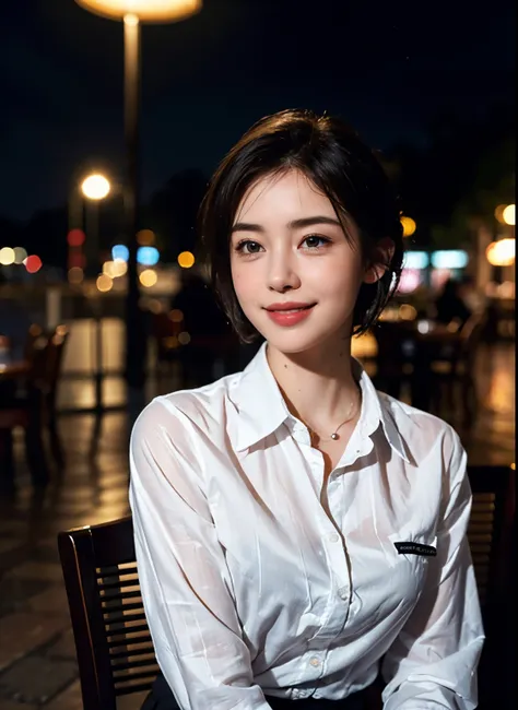 (8k, Best Quality, Masterpiece: 1.2), (Realistic, Photorealistic: 1.37), Super Detailed, 1 Girl, Cute, Alone, Beautiful Detailed Sky, Detailed Cafe, Night, Sitting, Date, ( Nose blush), (smile: 1.15), (close mouth) small breasts, beautiful details, (collar...