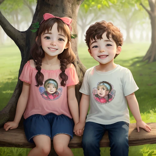 Two babies, non-adults, um boy e outra girl, menina feliz e o menino muito triste, one of them climbing the trees surrounded by a picnic with treats, smile and happy