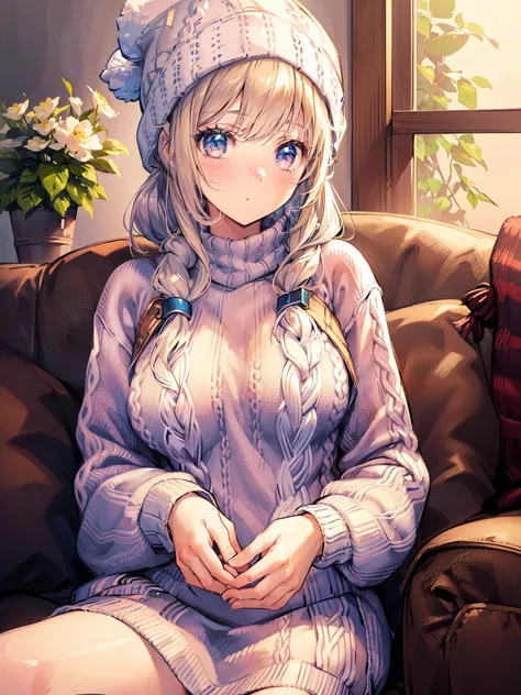 1 cute girl ,(covering chest with hands), upper body, knit sweater, knit hat, ((knitting thread)) ,embarrassing, blush , close to viewer, (character focus) ,(fantasy art), sofa, high resolution,(incredibly absurdres) ,extremely detailed CG unity 8k wallpap...