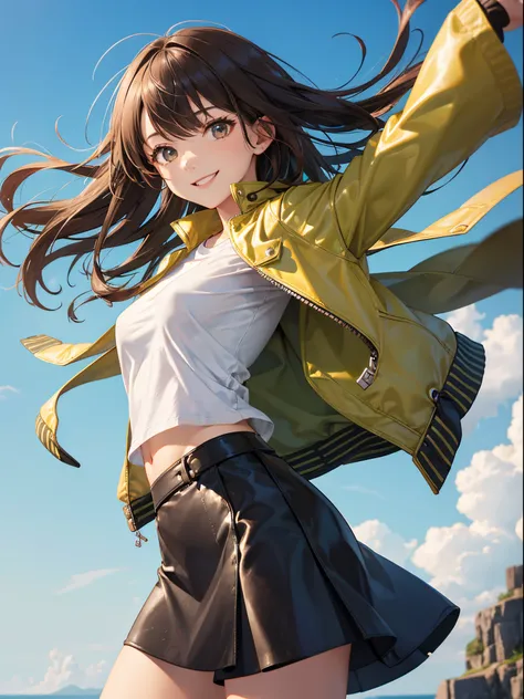 master piece,best quality, One lady,Cute, Vibrant poses,olive colored leather jacket,White tight t-shirt, Black tight skirt,Smile,ligh brown hair, length hair, Low-angle,blue-sky,Hair fluttering in strong wind