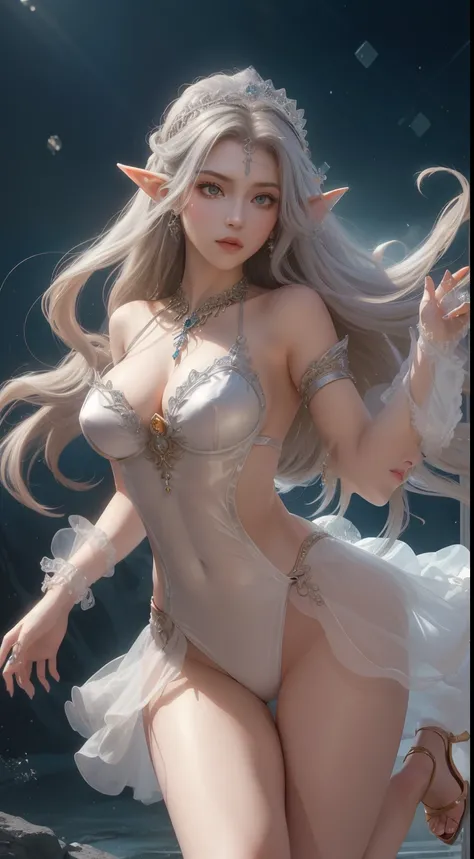 tmasterpiece，Highest image quality，Beautiful full body portrait of noble elf dancer，Delicate silver hairstyle，Clear orange eyes，head chain，veils，heeled sandals，Has a dazzling array of、Well made jewelry，Ultra-detailed details，advanced。At the Pixiv Art Stati...