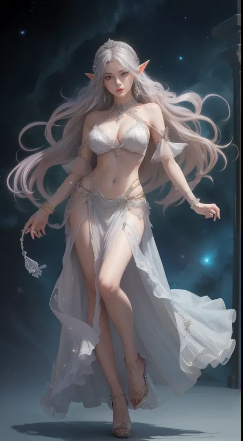 tmasterpiece，Highest image quality，Beautiful full body portrait of noble elf dancer，Delicate silver hairstyle，Clear orange eyes，head chain，veils，heeled sandals，Has a dazzling array of、Well made jewelry，Ultra-detailed details，advanced。At the Pixiv Art Stati...