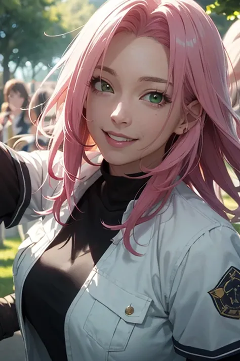 anime style, behind the green trees, Masterpiece, female focus, solo, sakura haruno, pink hair, smile,
looking at the audience, white high schooluniform, high detail, dynamic lighting, facing the audience,
best quality, realistic, 8k wallpapers,highly deta...