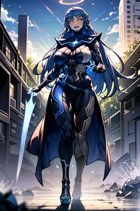 e,, holy magicalgirl, open mouth fang, holy haura, halo, smile, joyfull, paladin, sword holding, full body , boots, standing,cute,breast, curvy, female,fantasy goddess,there is a cartoon picture of a woman with a very large breast, glowing angelic being, g...