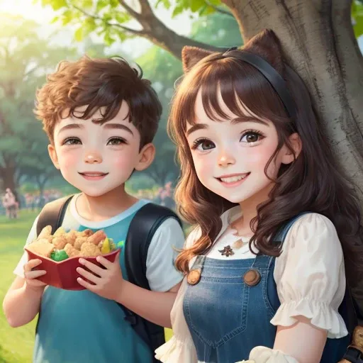 Two babies, non-adults, um boy e outra girl, menina feliz e o menino muito triste, one of them climbing the trees surrounded by a picnic with treats, real smile and happy